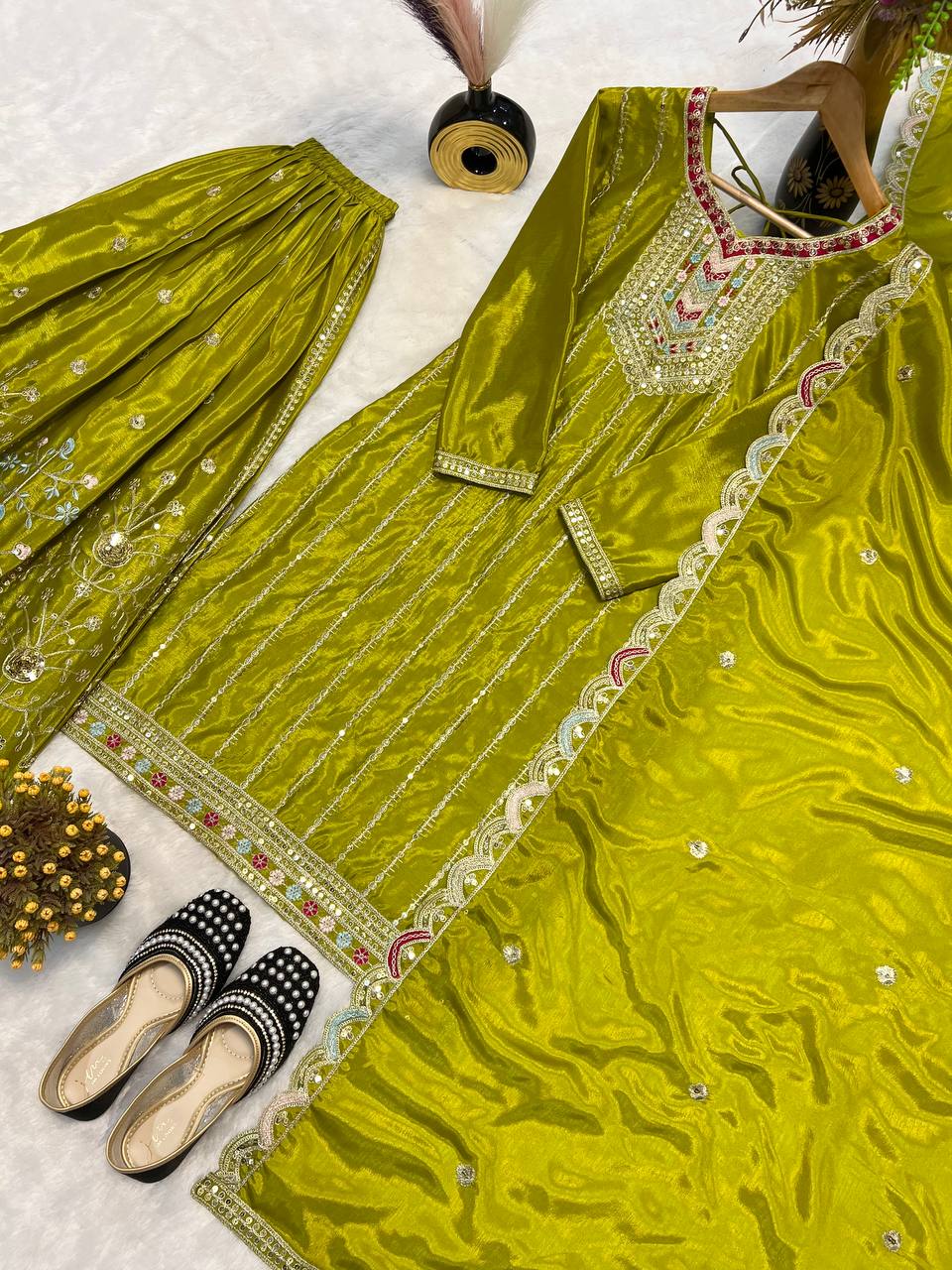 Awesome Mehndi Color  Embroidery Work Palazzo Suit
