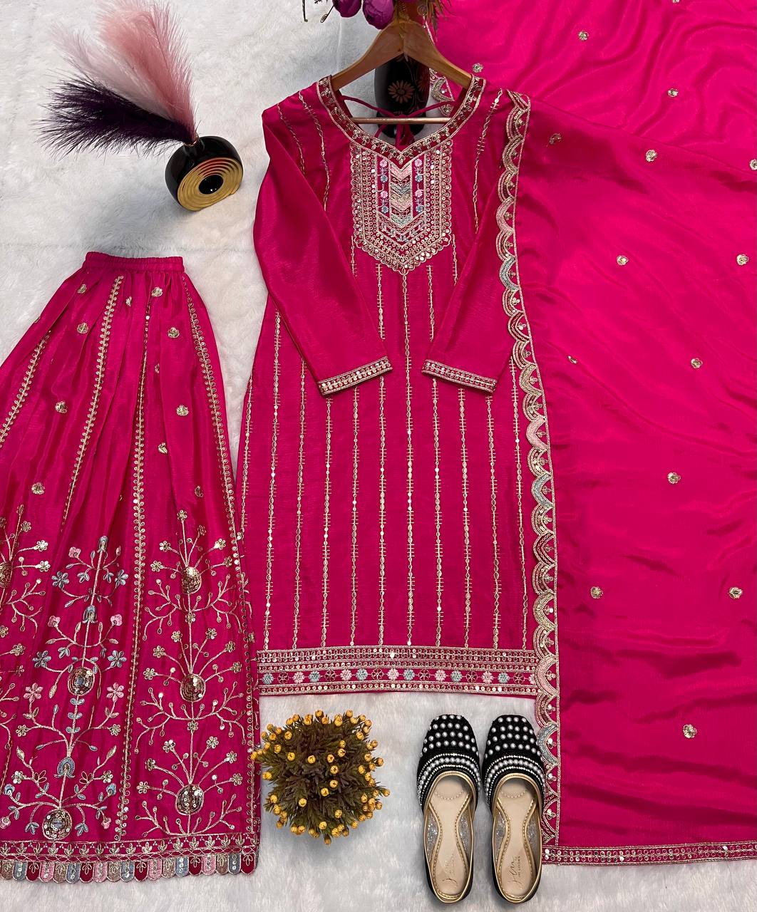 Awesome Mehndi Color  Embroidery Work Palazzo Suit