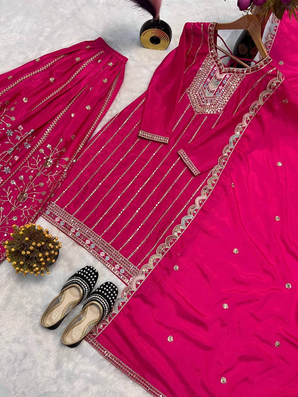 Awesome Mehndi Color  Embroidery Work Palazzo Suit