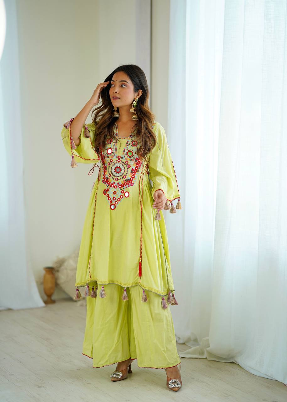 Stylish Pista Color Work  Embroidery With Sequence Work Co-ord Set