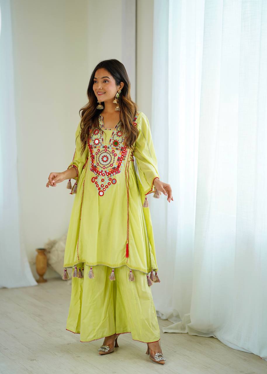 Stylish Pista Color Work  Embroidery With Sequence Work Co-ord Set