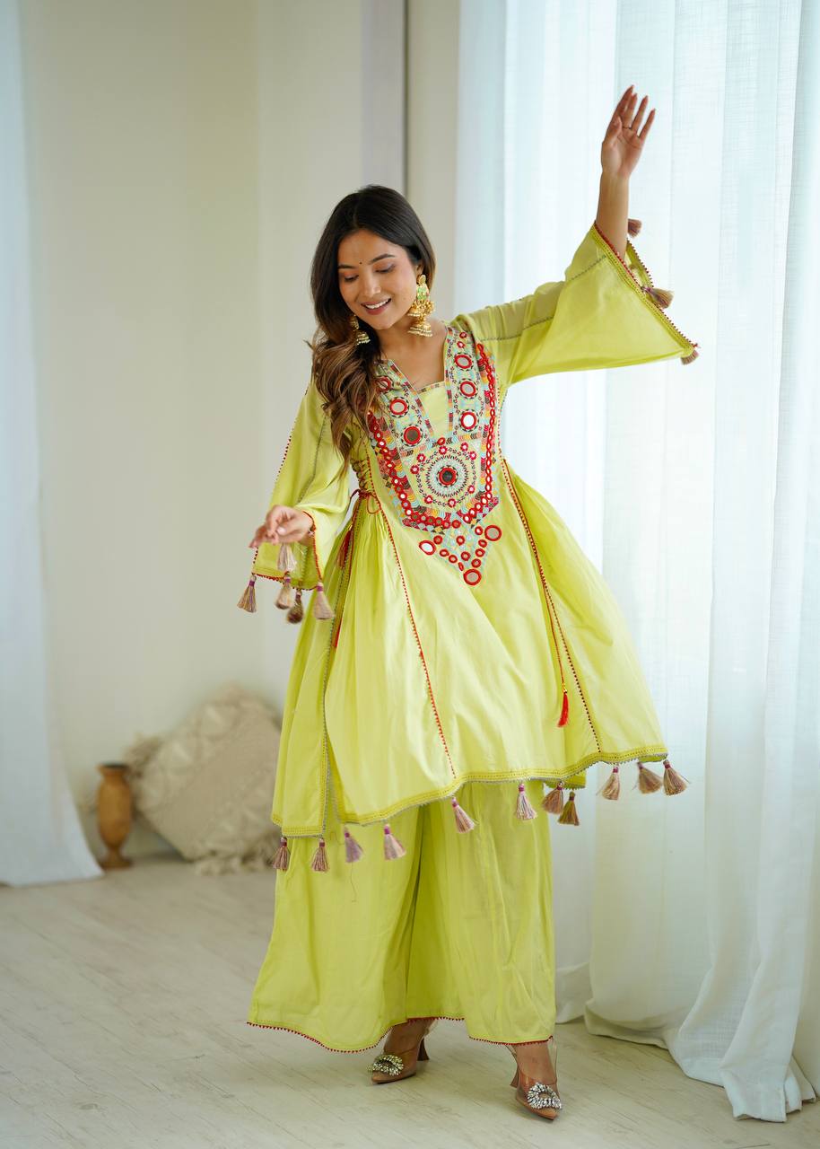 Stylish Pista Color Work  Embroidery With Sequence Work Co-ord Set