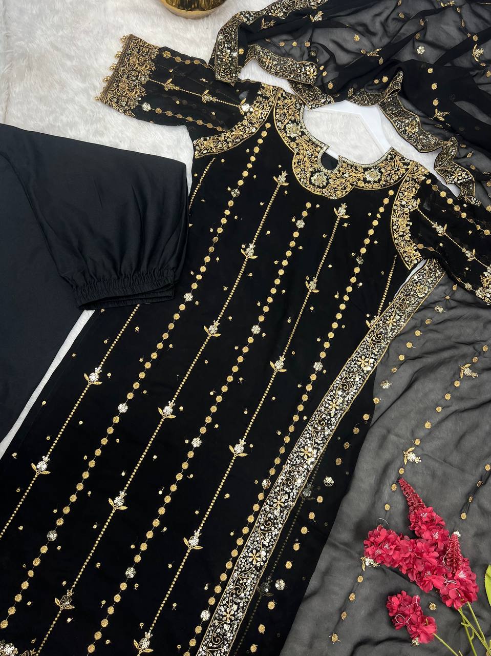 Stylish Black Georgette Sequence Work Palazzo Suit