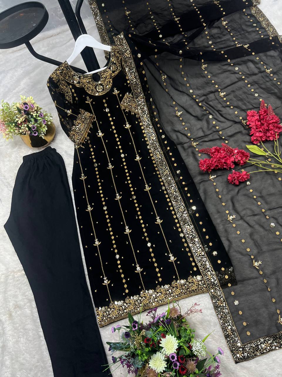Stylish Black Georgette Sequence Work Palazzo Suit