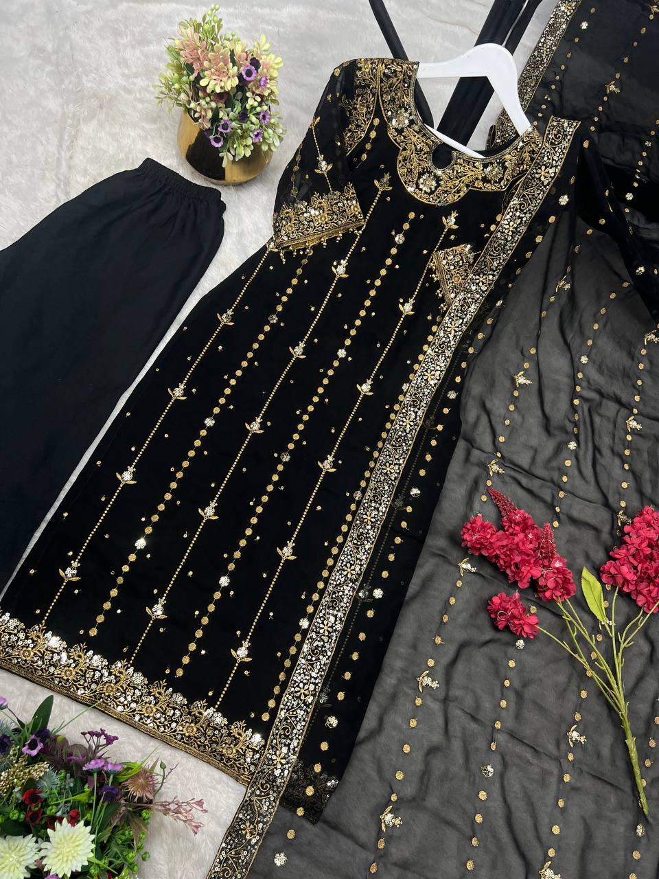 Stylish Black Georgette Sequence Work Palazzo Suit