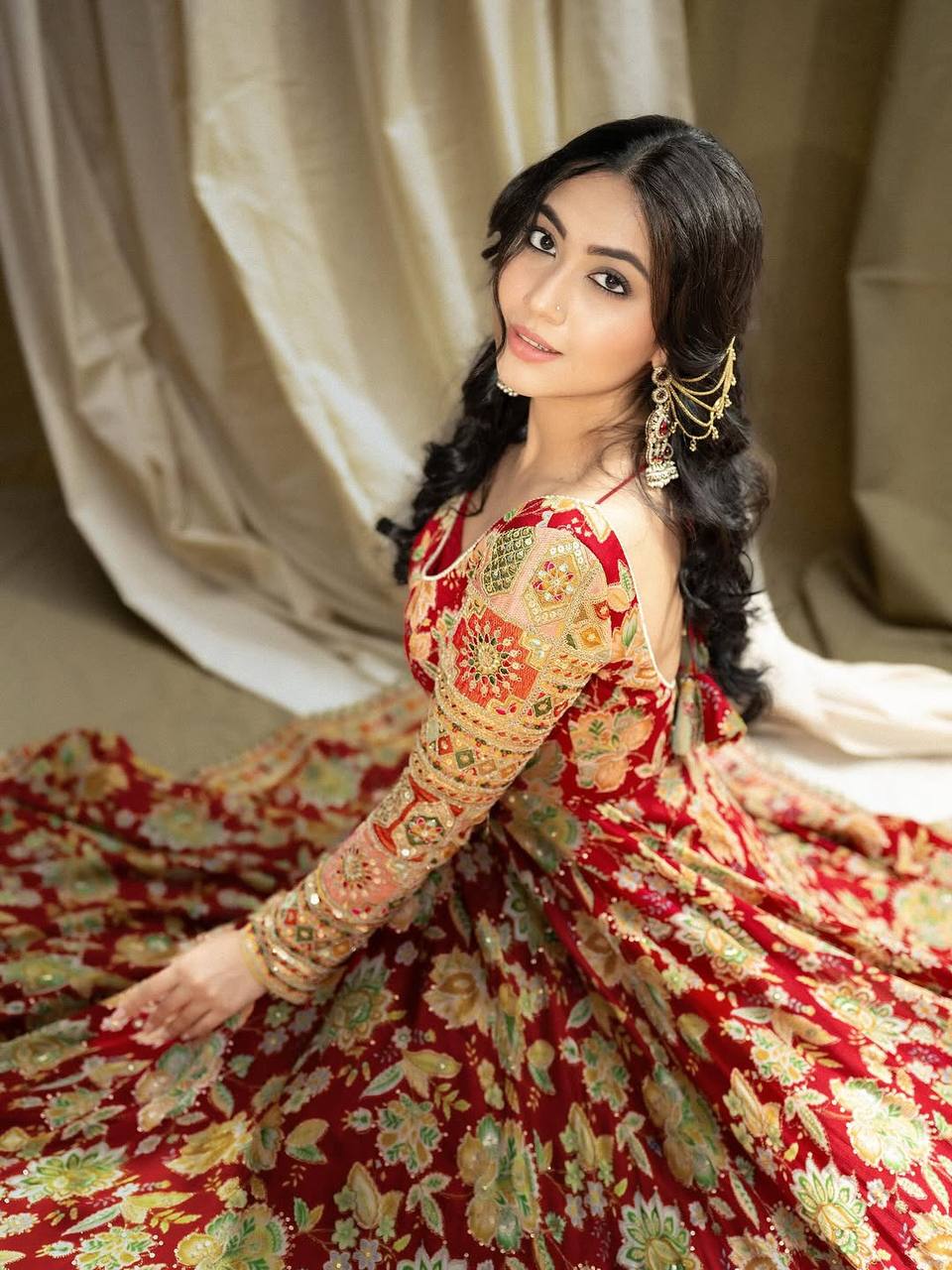 Admiring Red Color Digital Floral Printed Gown