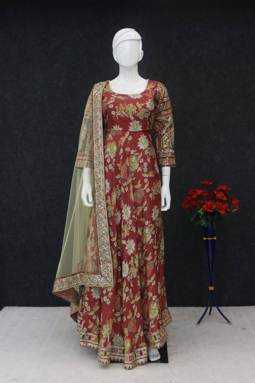 Admiring Red Color Digital Floral Printed Gown