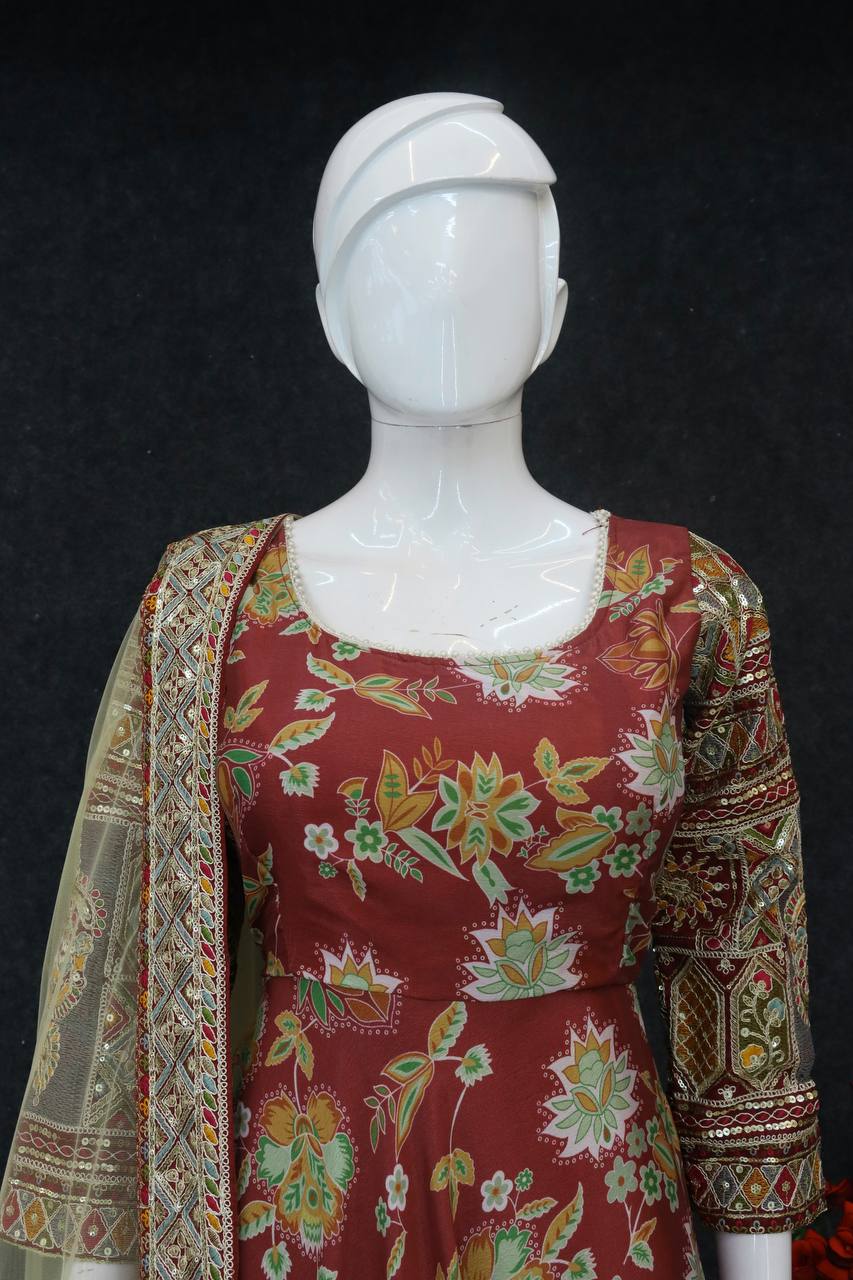 Admiring Red Color Digital Floral Printed Gown