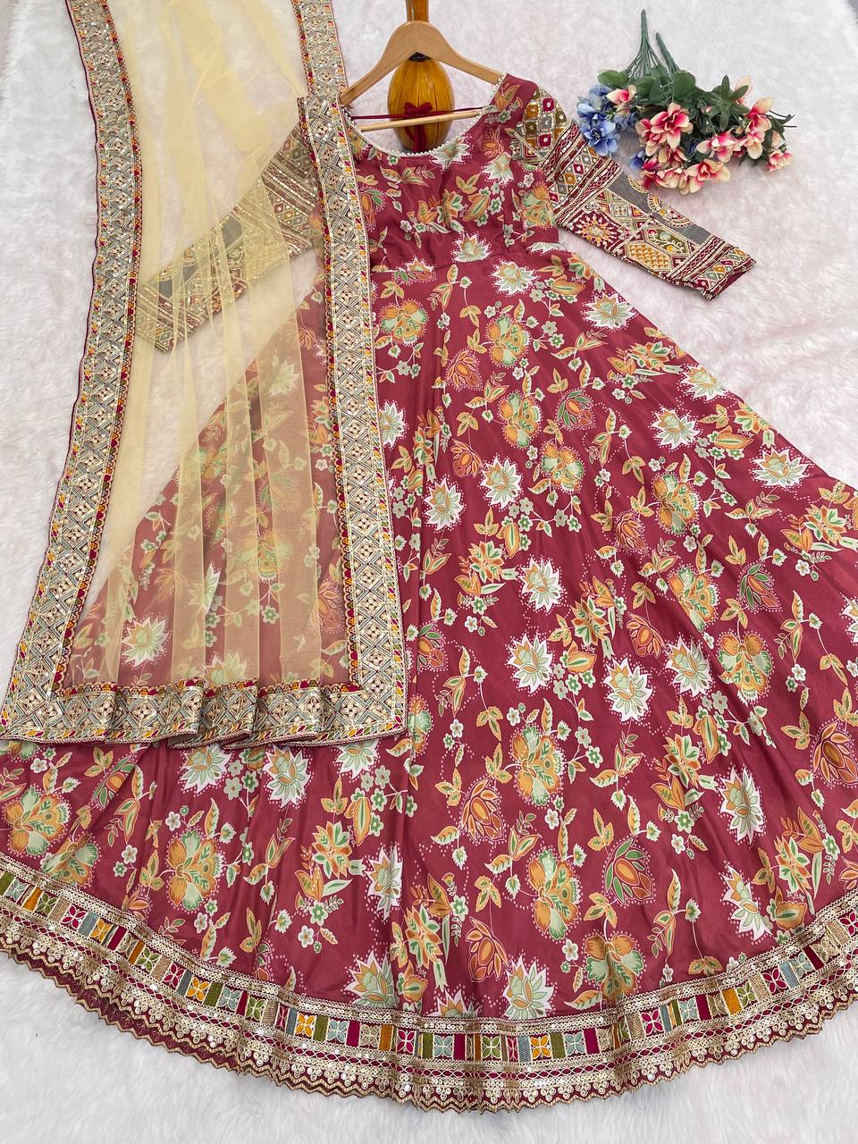 Admiring Red Color Digital Floral Printed Gown