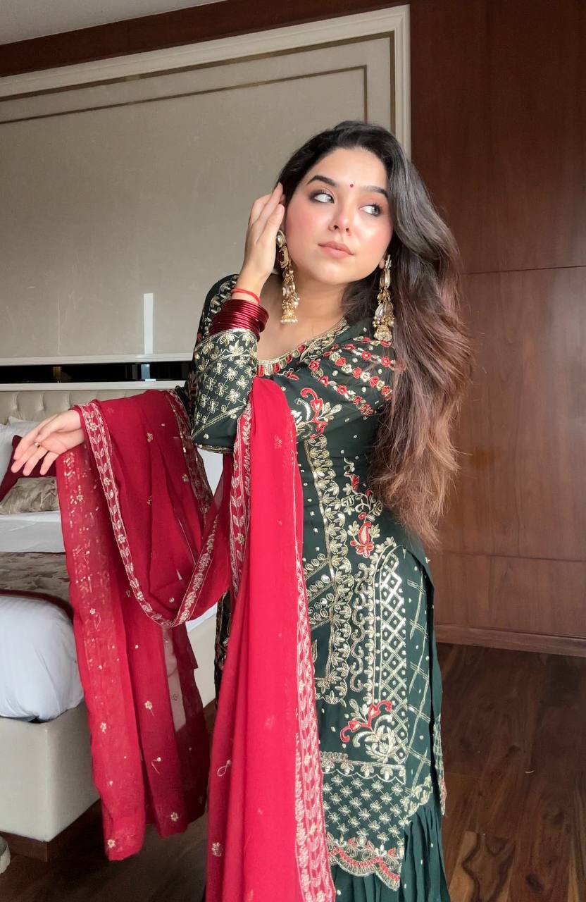 Alluring Green Sequence Work Georgette Sharara Suit