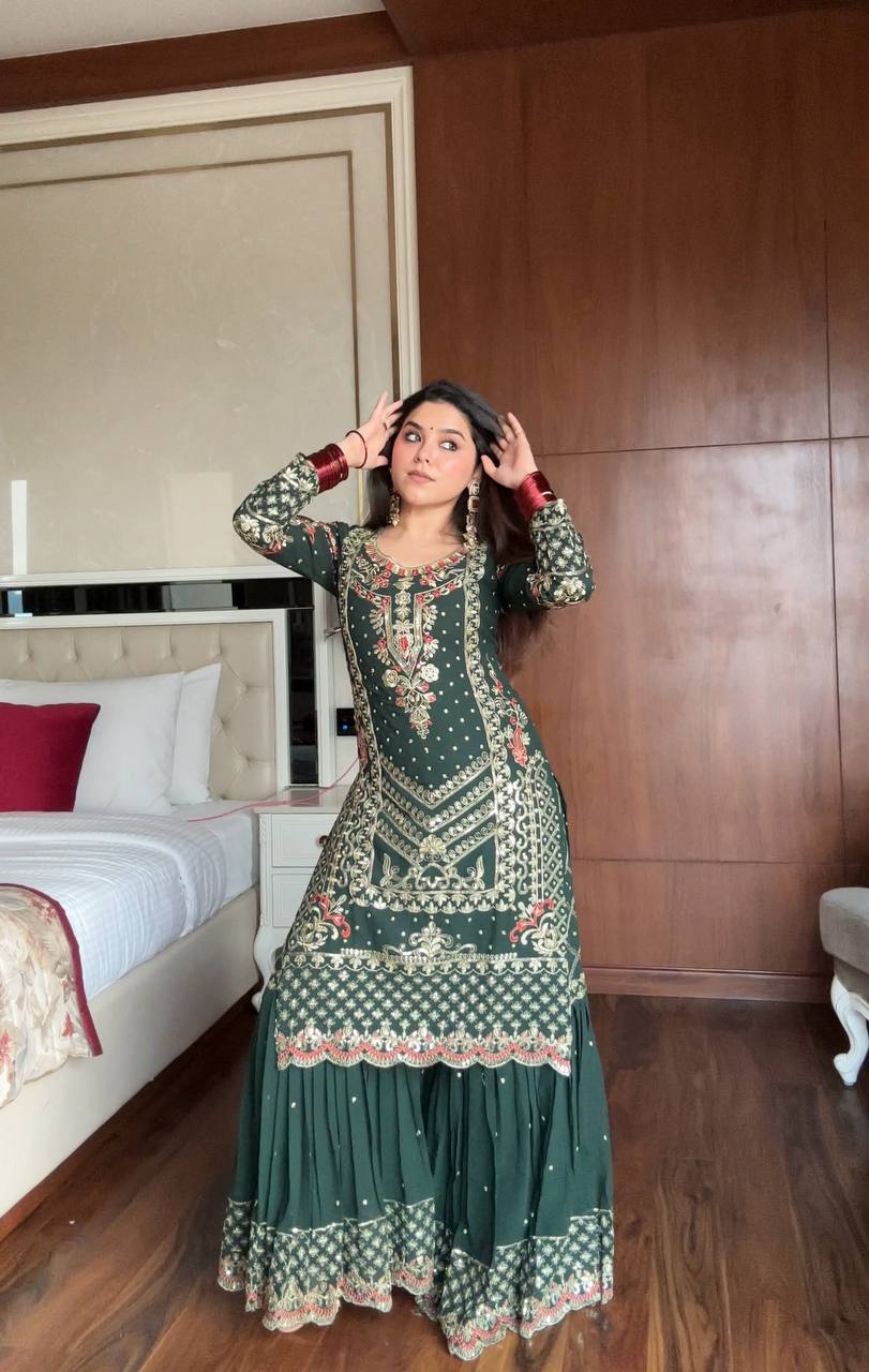 Alluring Green Sequence Work Georgette Sharara Suit