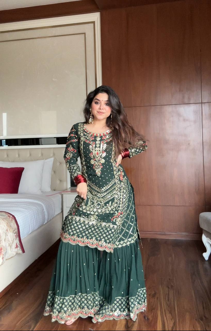 Alluring Green Sequence Work Georgette Sharara Suit