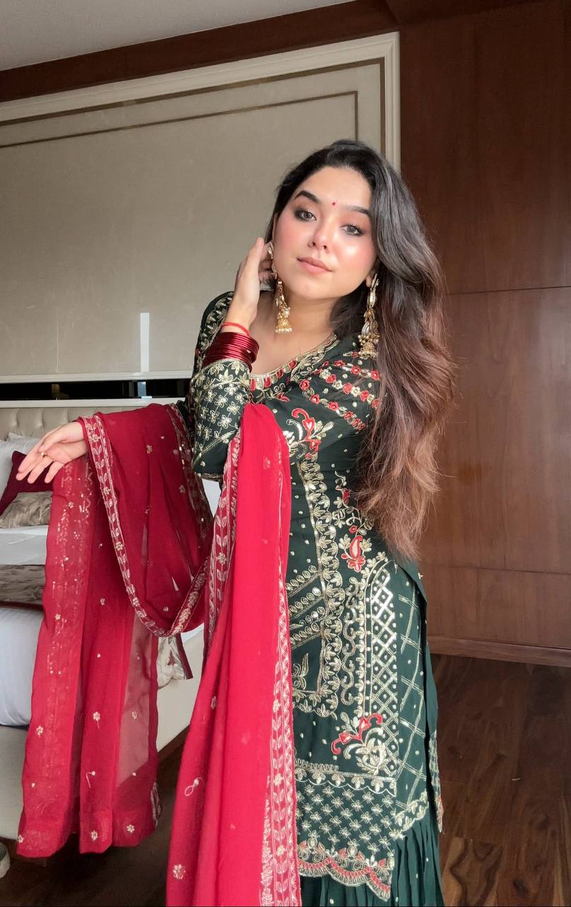 Alluring Green Sequence Work Georgette Sharara Suit