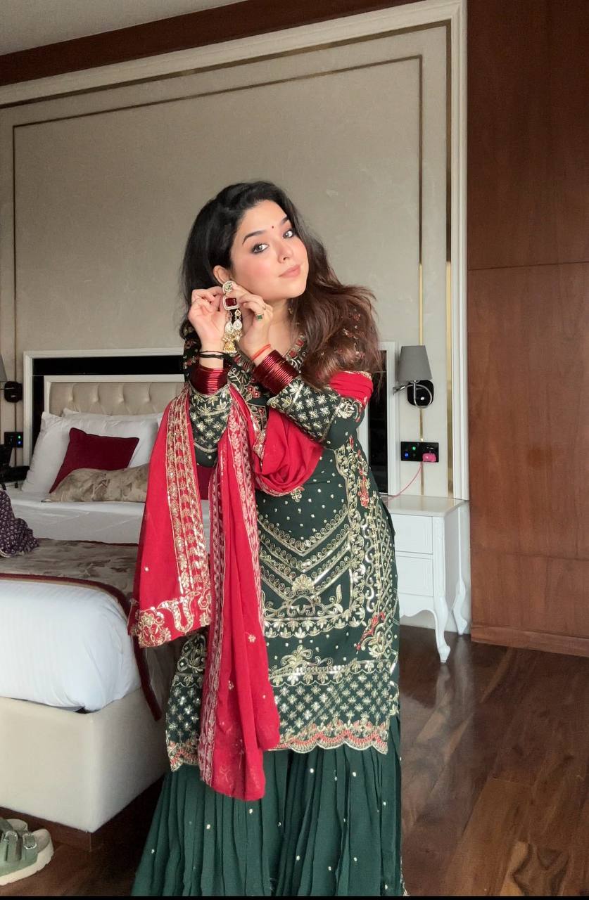 Alluring Green Sequence Work Georgette Sharara Suit