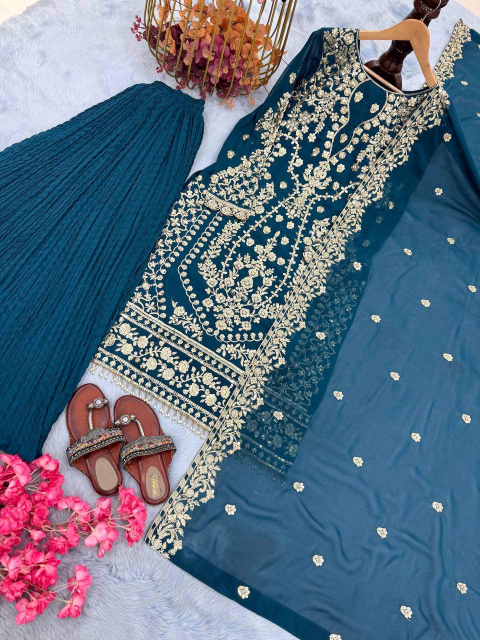 Awesome Teal Green Color Sequence Work Georgette Palazzo Suit