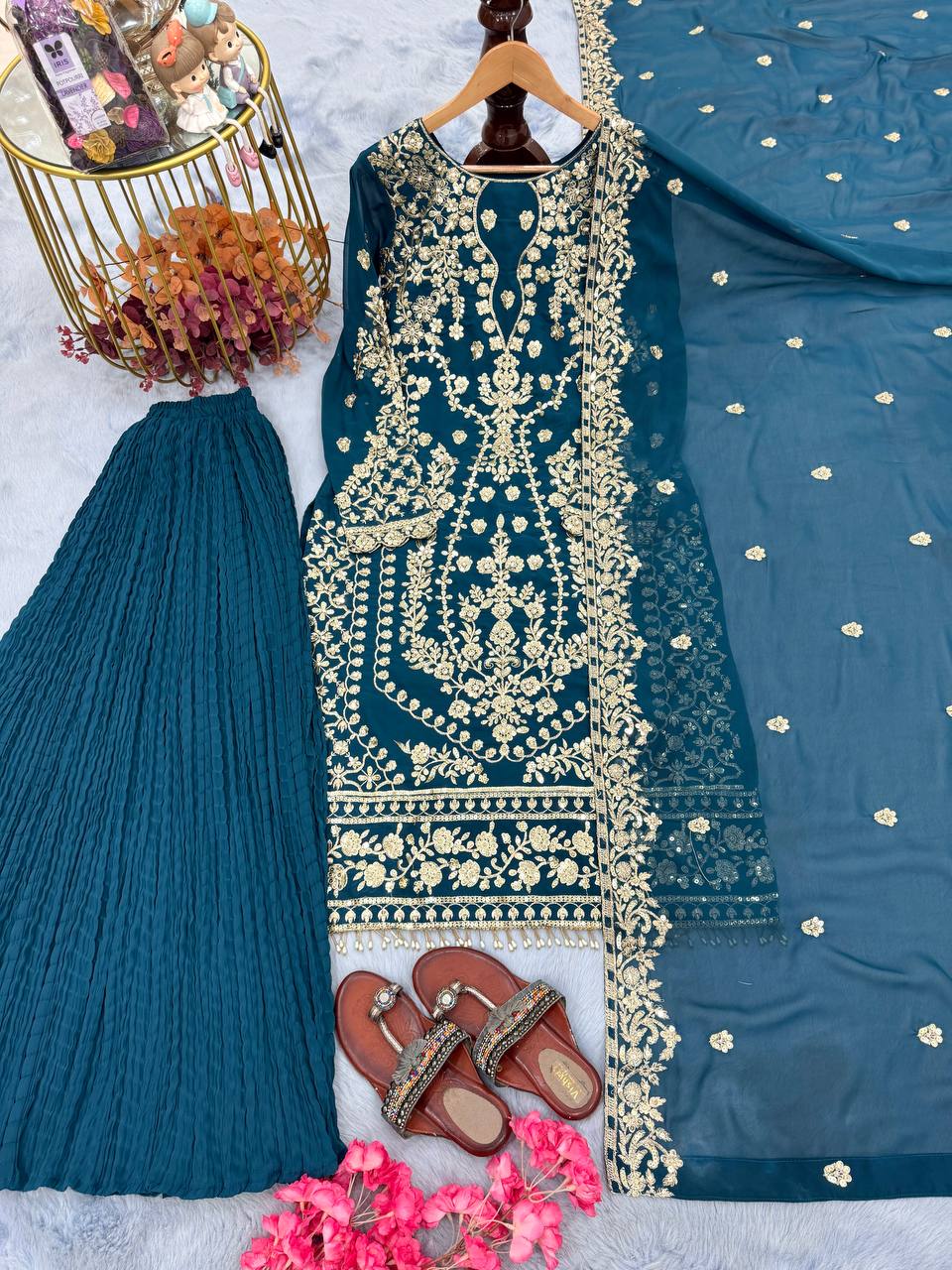 Awesome Teal Green Color Sequence Work Georgette Palazzo Suit
