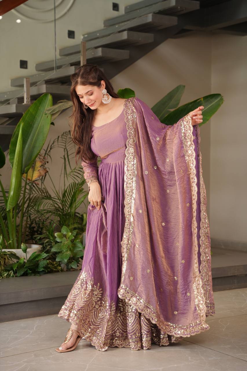 Alluring Onion Color Embroidery Work Gown