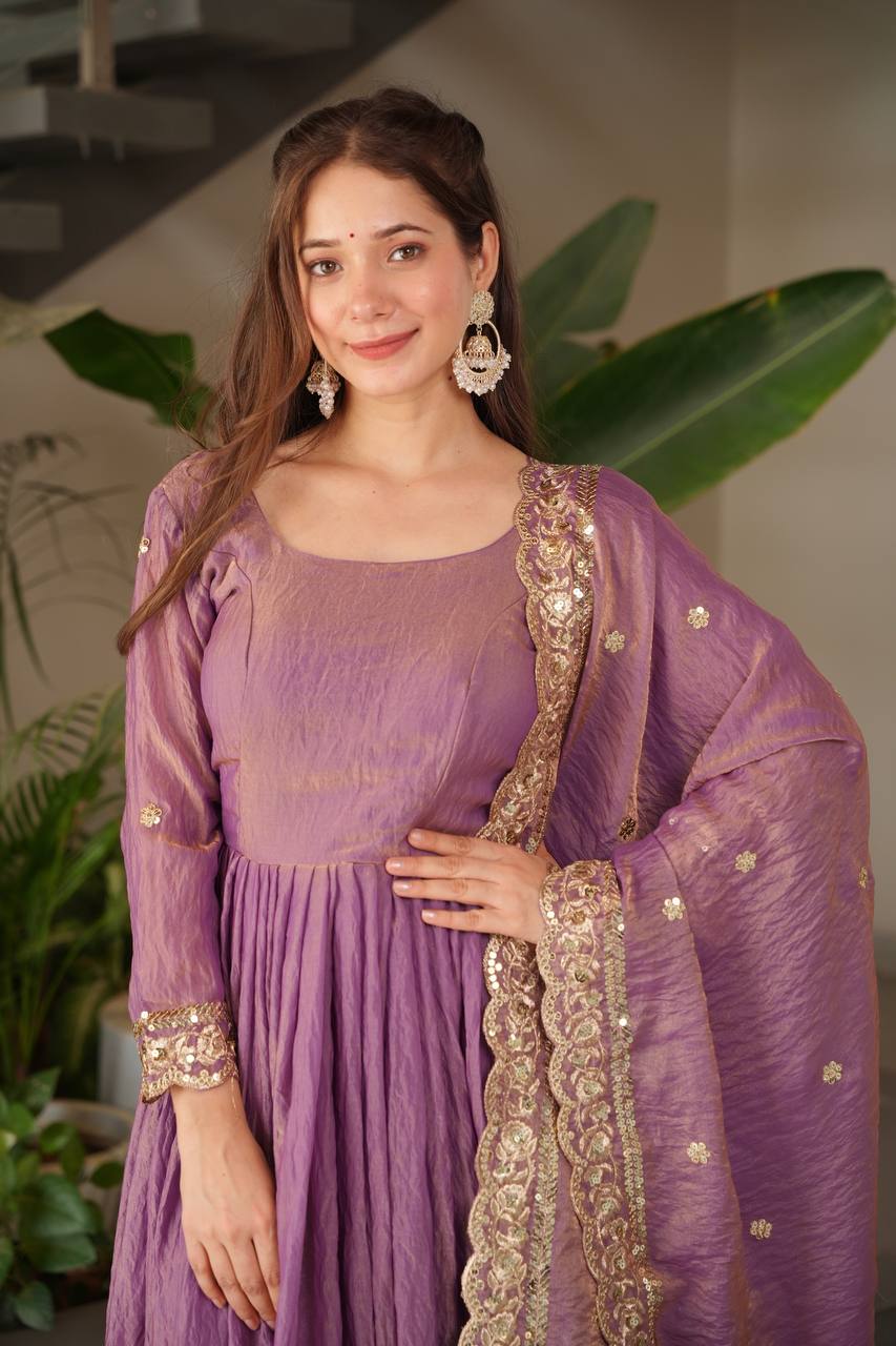 Alluring Onion Color Embroidery Work Gown