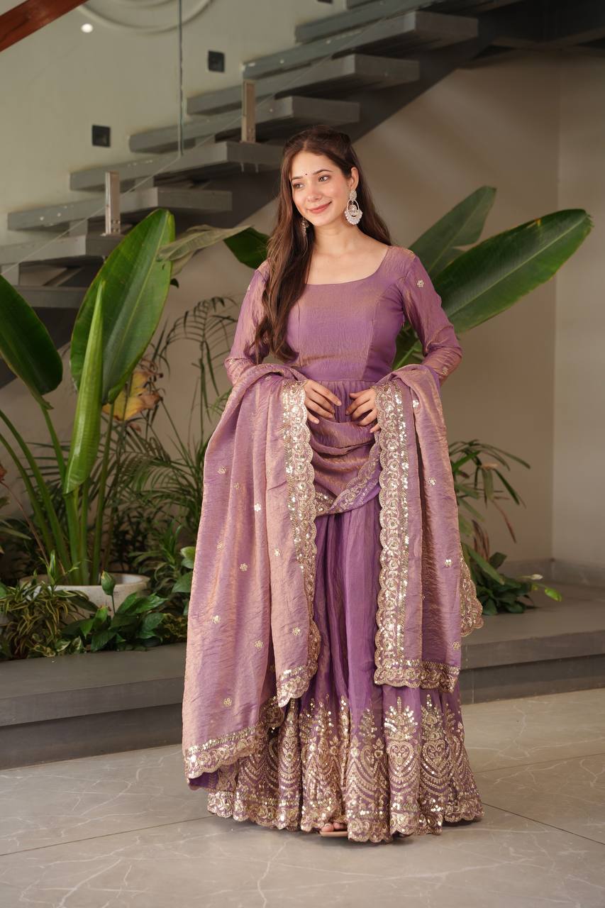 Alluring Onion Color Embroidery Work Gown