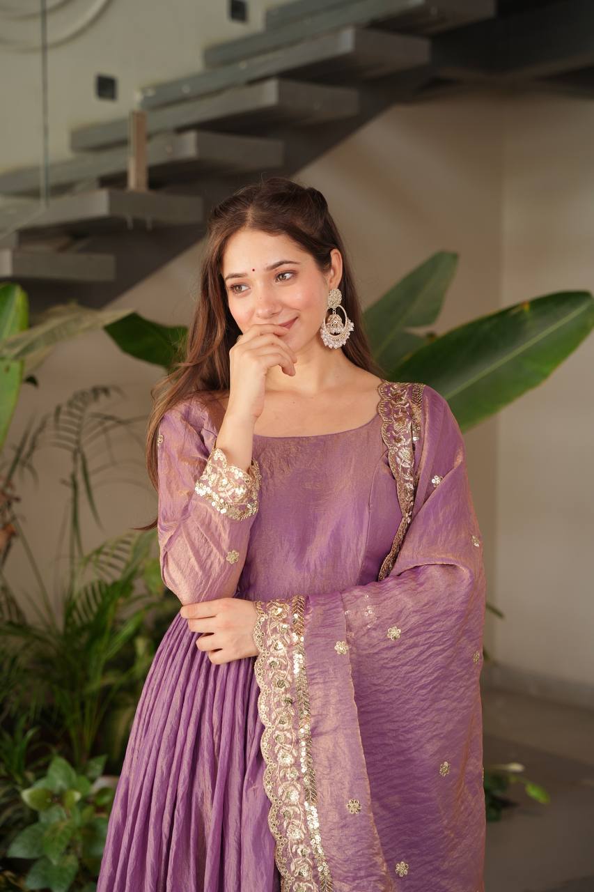 Alluring Onion Color Embroidery Work Gown