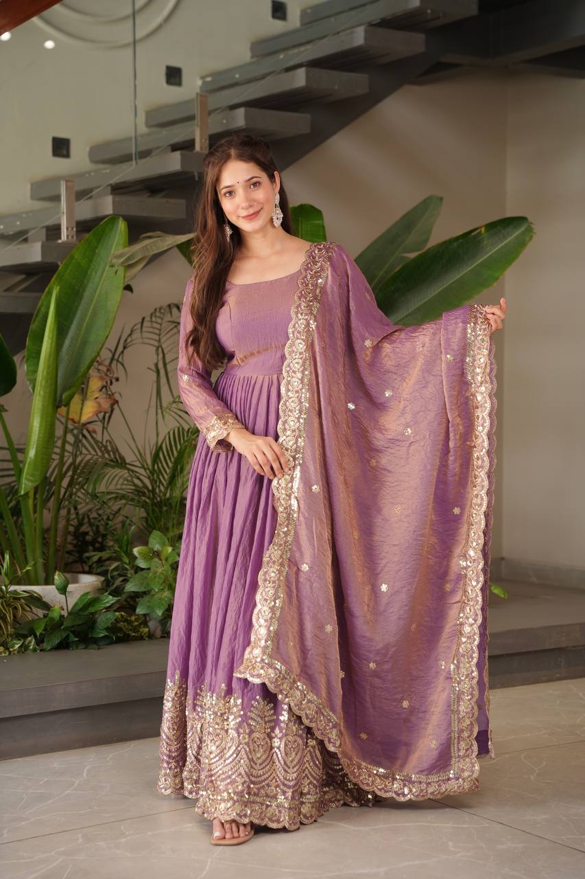 Alluring Onion Color Embroidery Work Gown