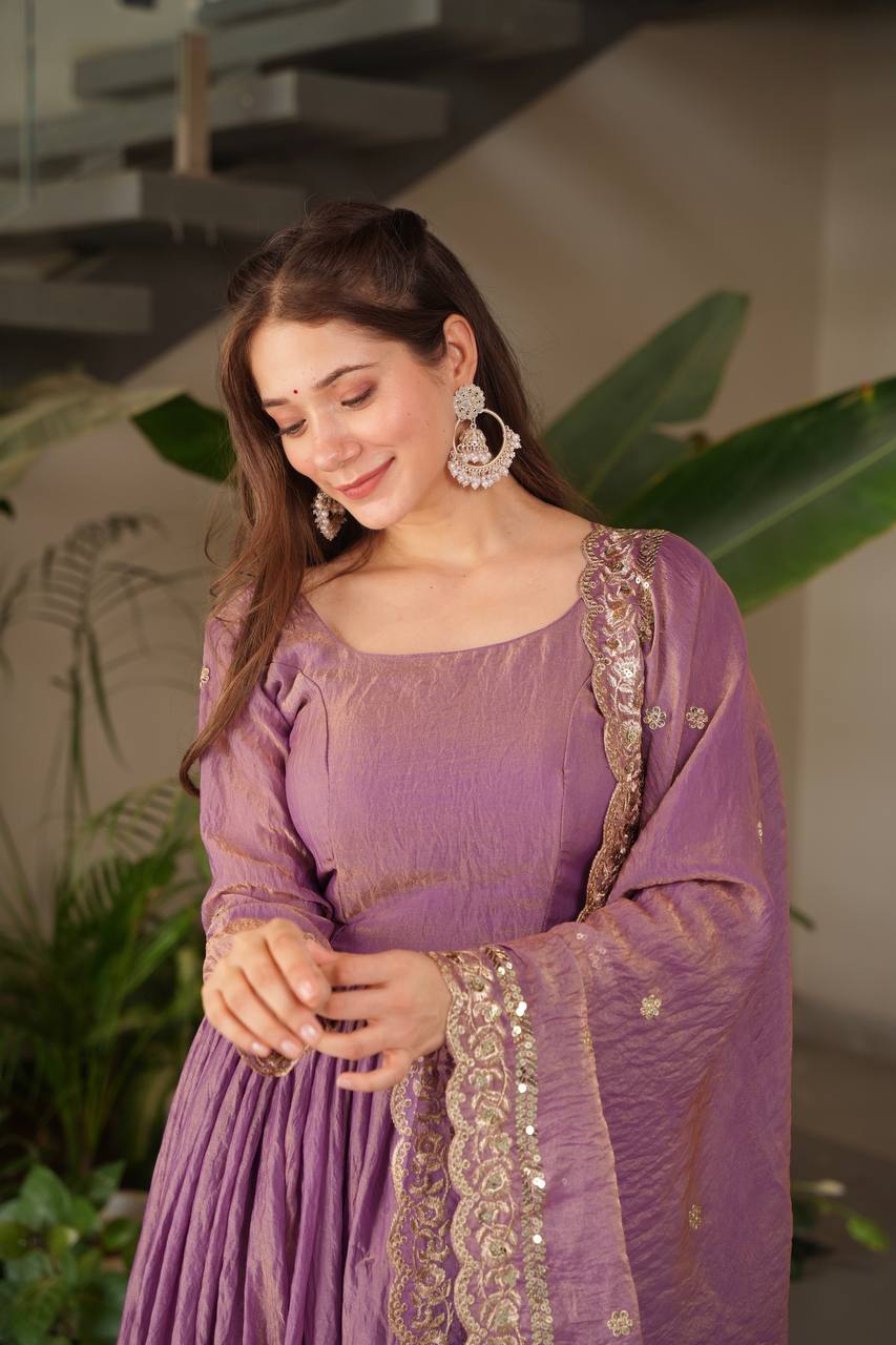 Alluring Onion Color Embroidery Work Gown