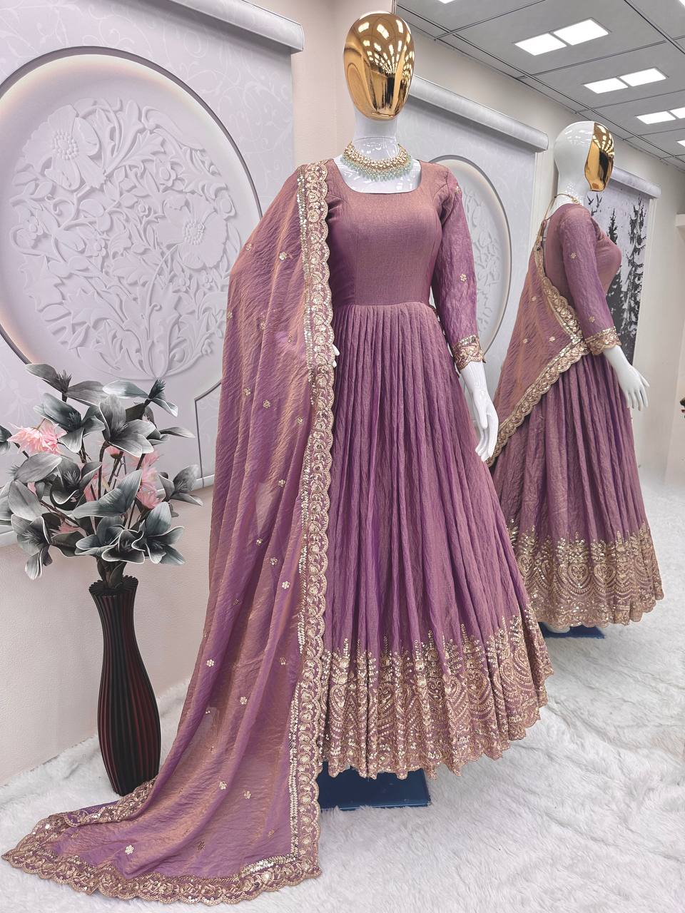 Alluring Onion Color Embroidery Work Gown