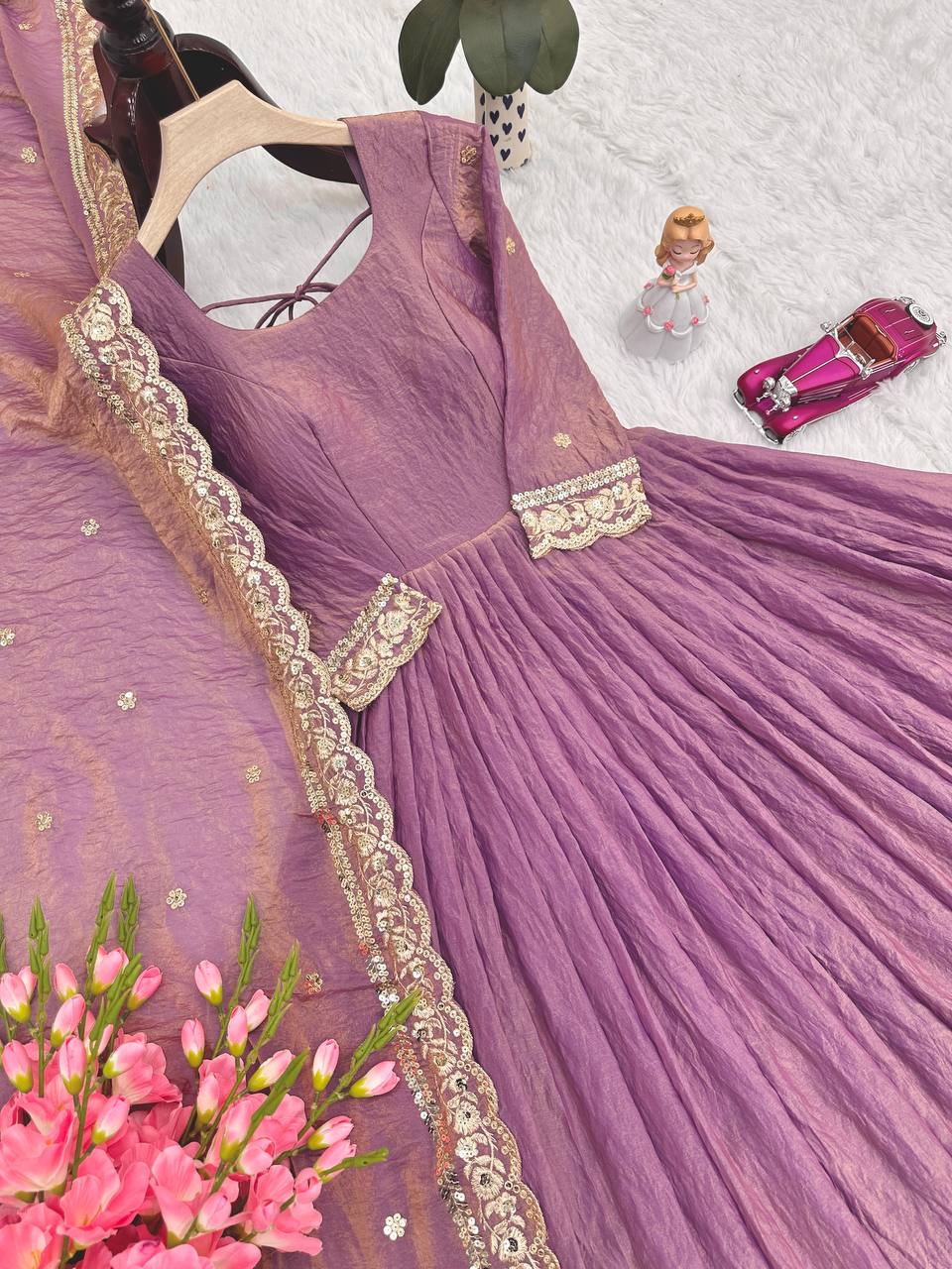 Alluring Onion Color Embroidery Work Gown