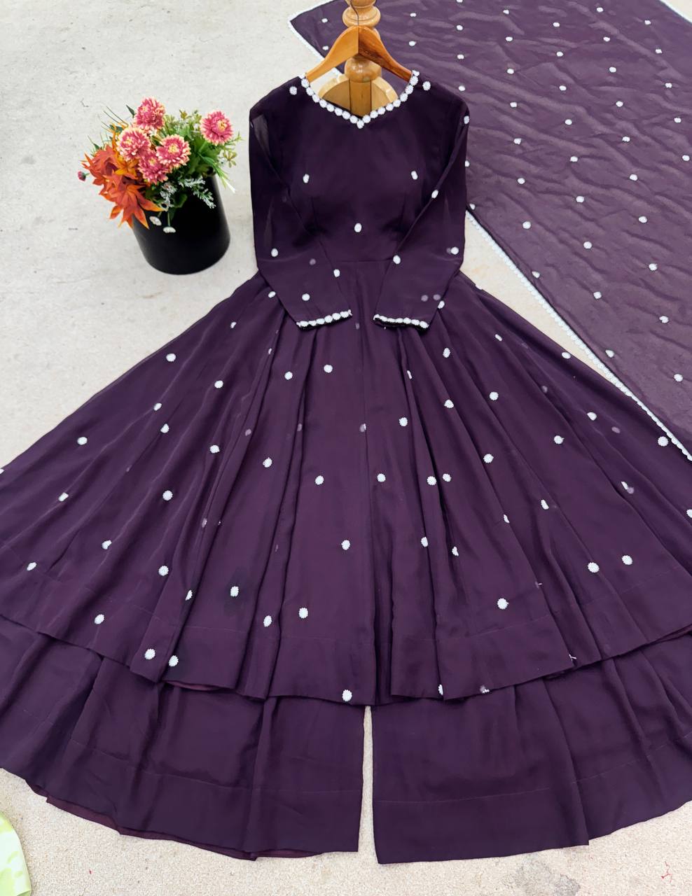 Awesome Purple Color Embroidery Work Georgette Sharara Suit