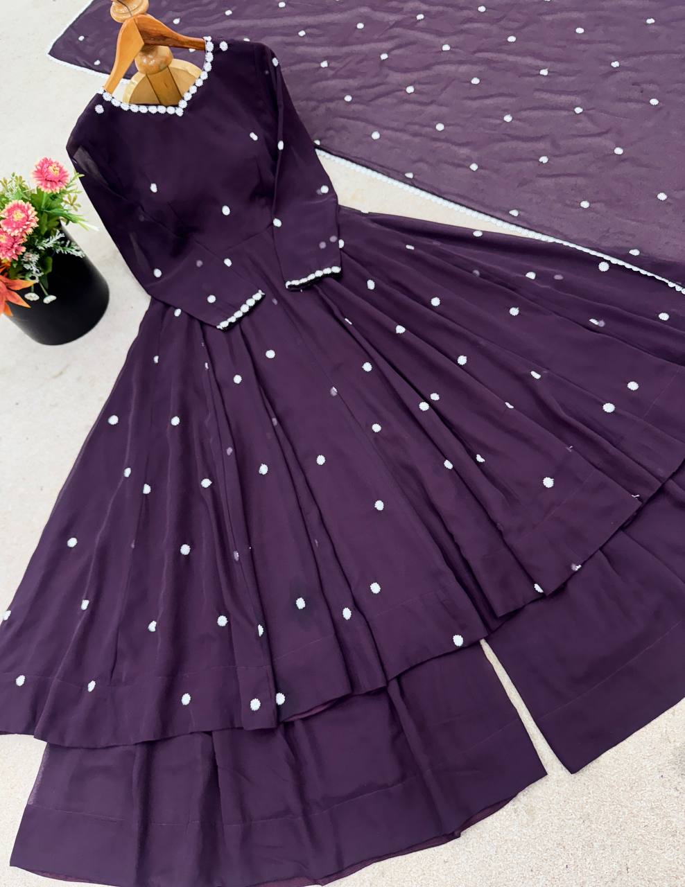 Awesome Purple Color Embroidery Work Georgette Sharara Suit