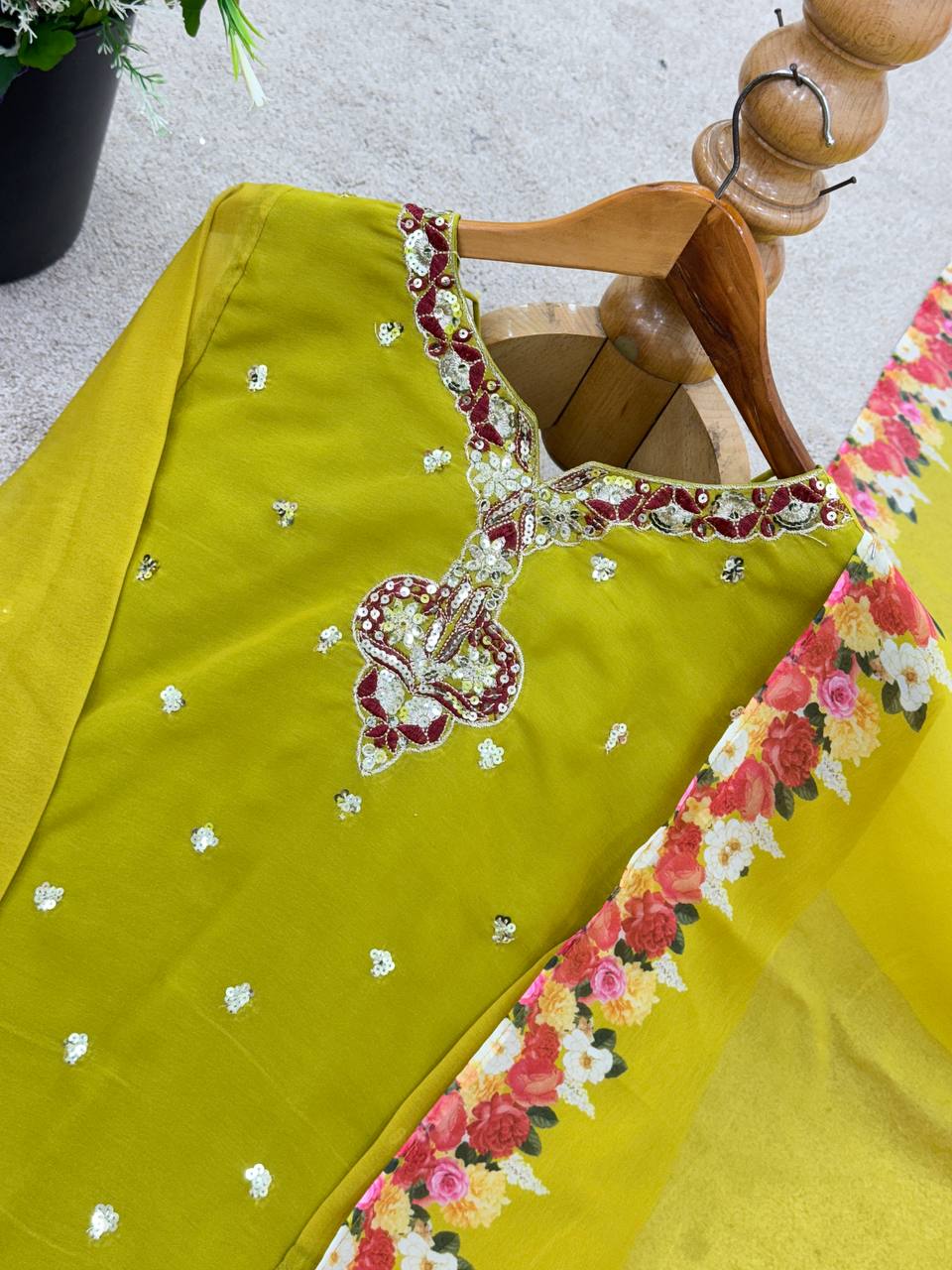 Admiring Parrot Green Sequence Work Georgette Sharara Suit