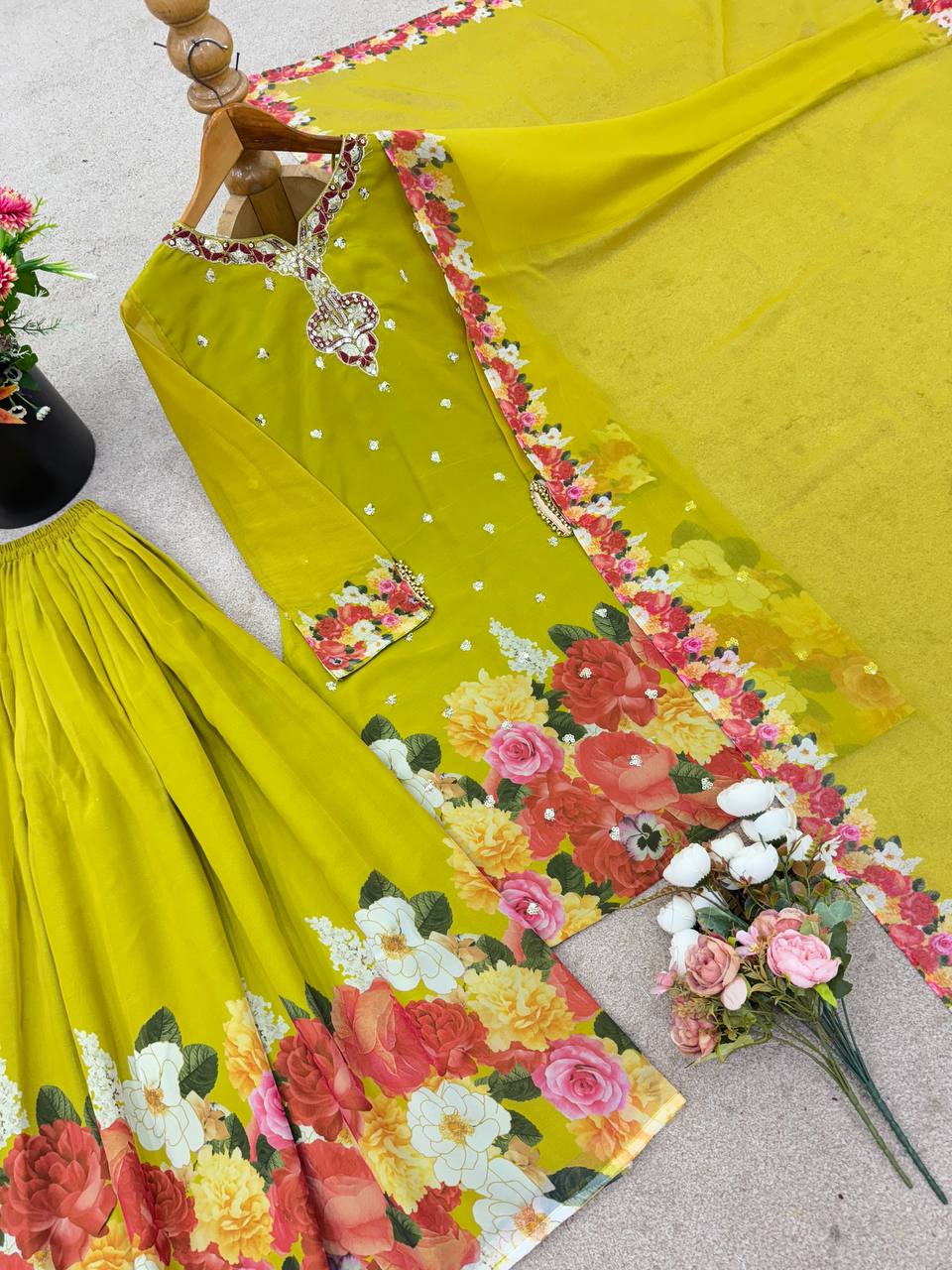 Admiring Parrot Green Sequence Work Georgette Sharara Suit