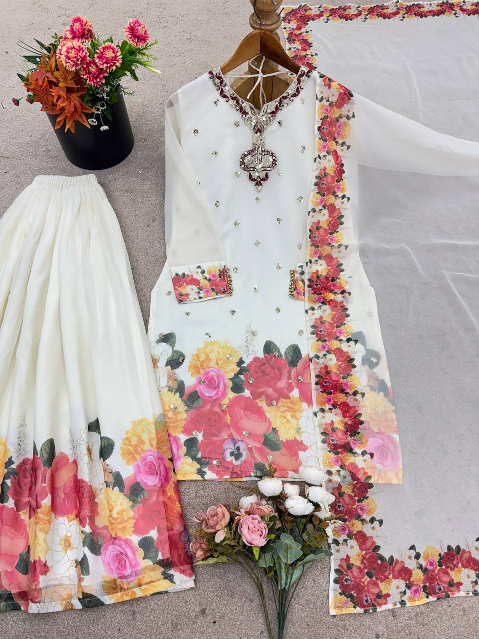 Admiring Parrot Green Sequence Work Georgette Sharara Suit