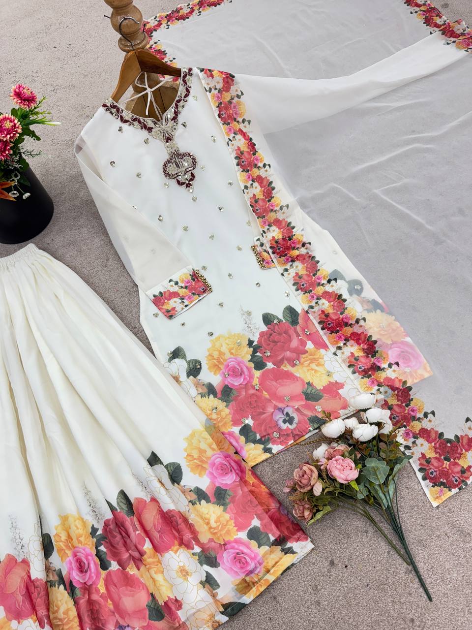 Admiring Parrot Green Sequence Work Georgette Sharara Suit