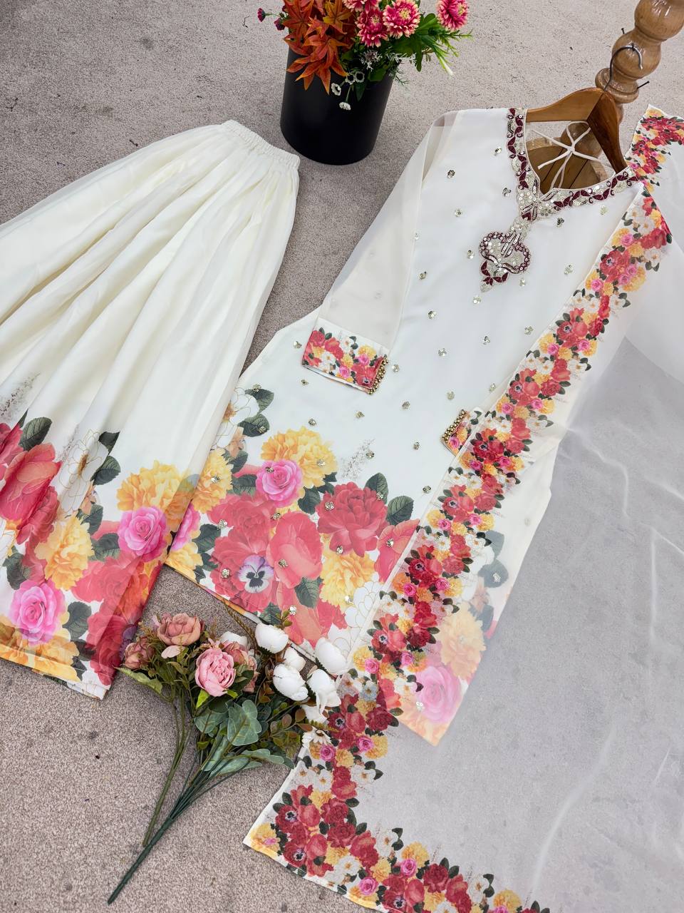 Admiring Parrot Green Sequence Work Georgette Sharara Suit