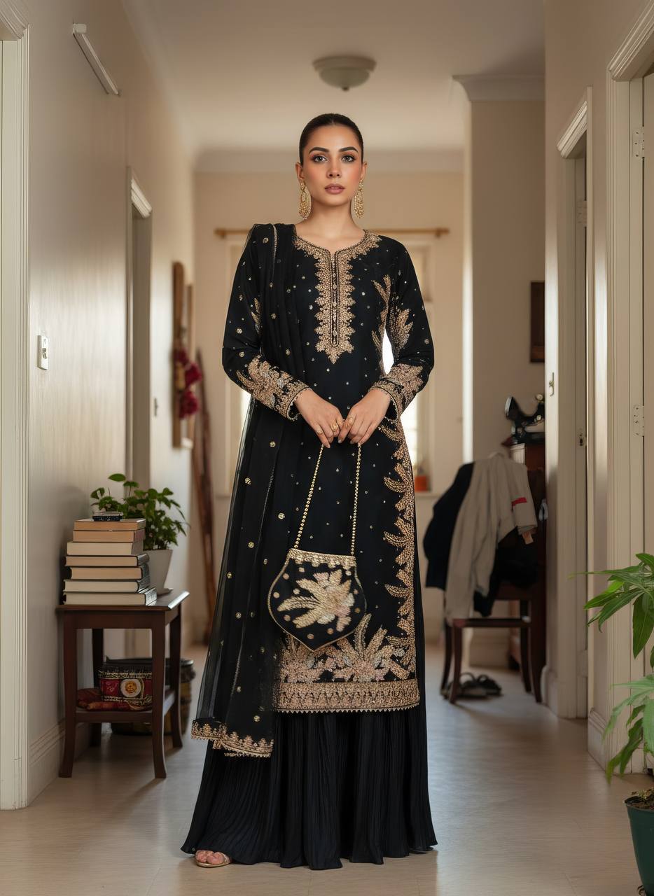 Beautiful Black Embroidery Work Straight Salwar Suit