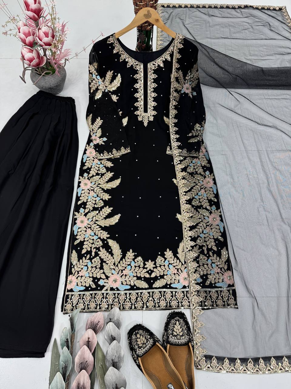 Beautiful Black Embroidery Work Straight Salwar Suit