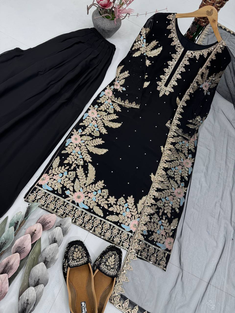 Beautiful Black Embroidery Work Straight Salwar Suit