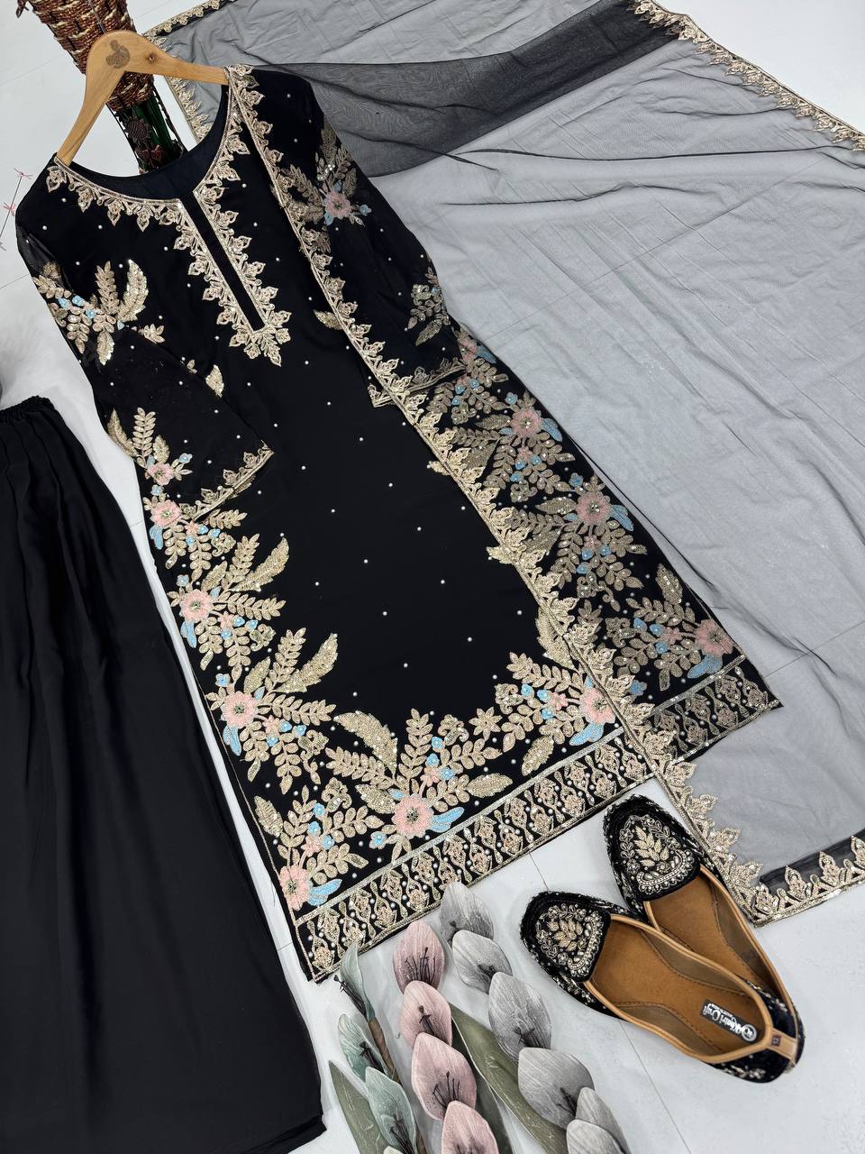 Beautiful Black Embroidery Work Straight Salwar Suit