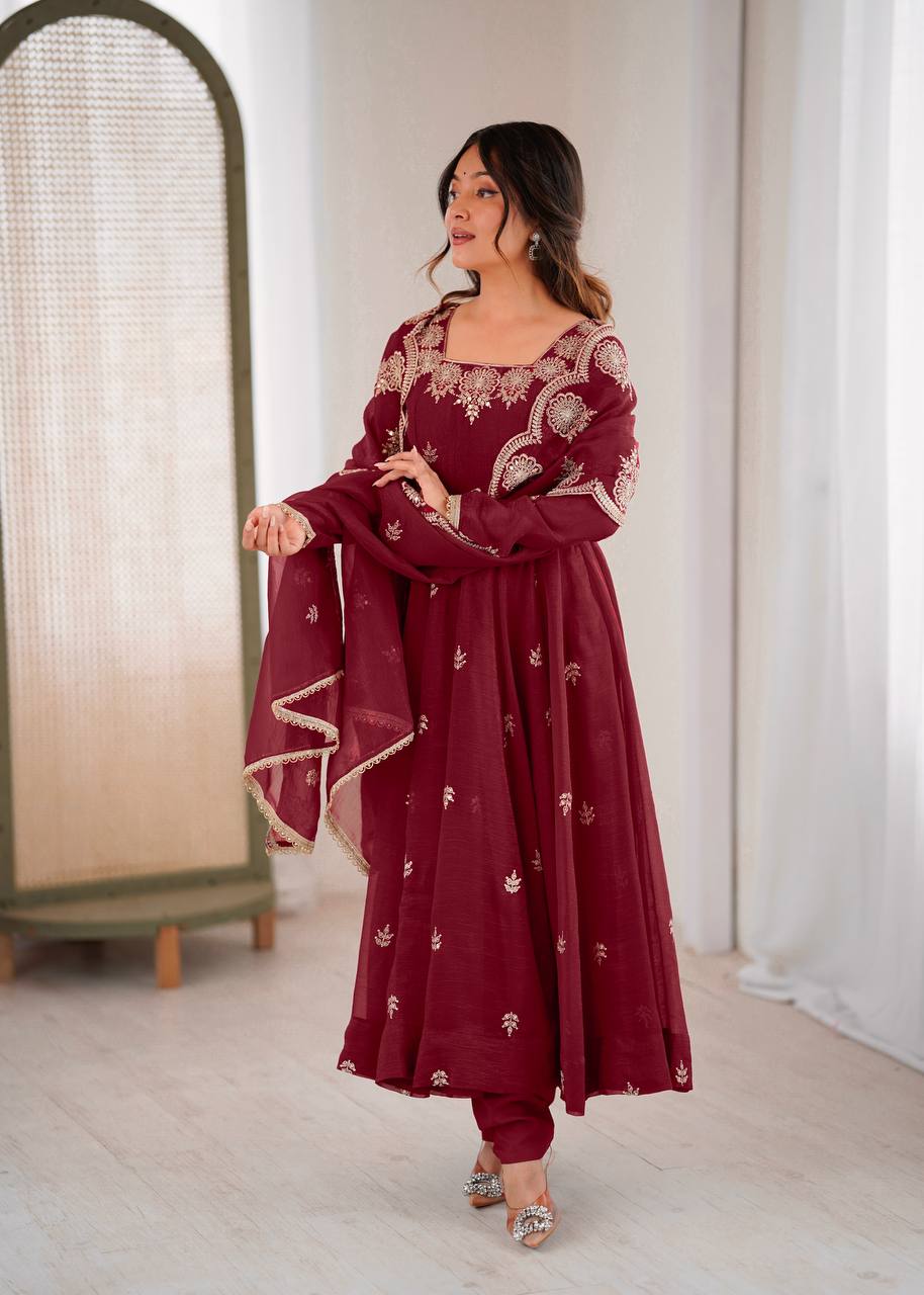 Beautiful Maroon Color Embroidery Work Gown
