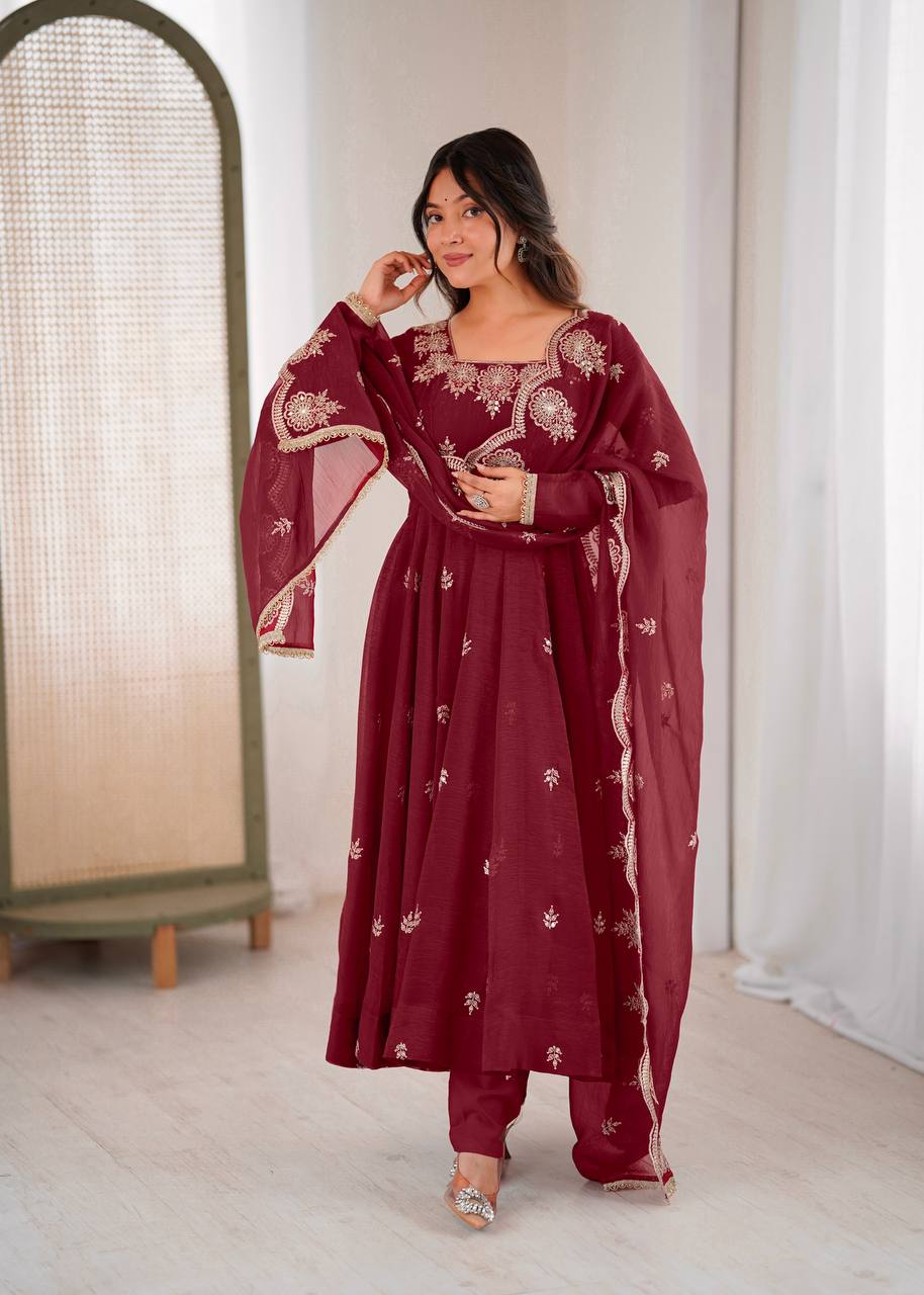 Beautiful Maroon Color Embroidery Work Gown