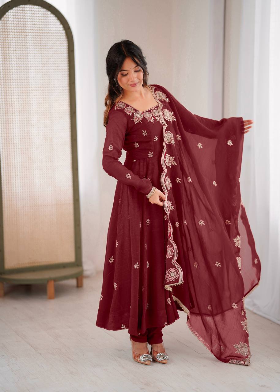 Beautiful Maroon Color Embroidery Work Gown