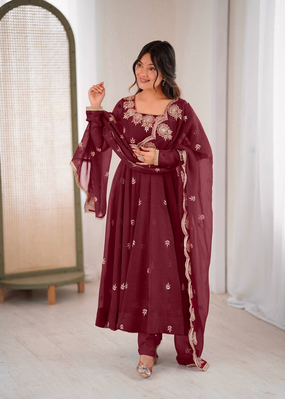 Beautiful Maroon Color Embroidery Work Gown