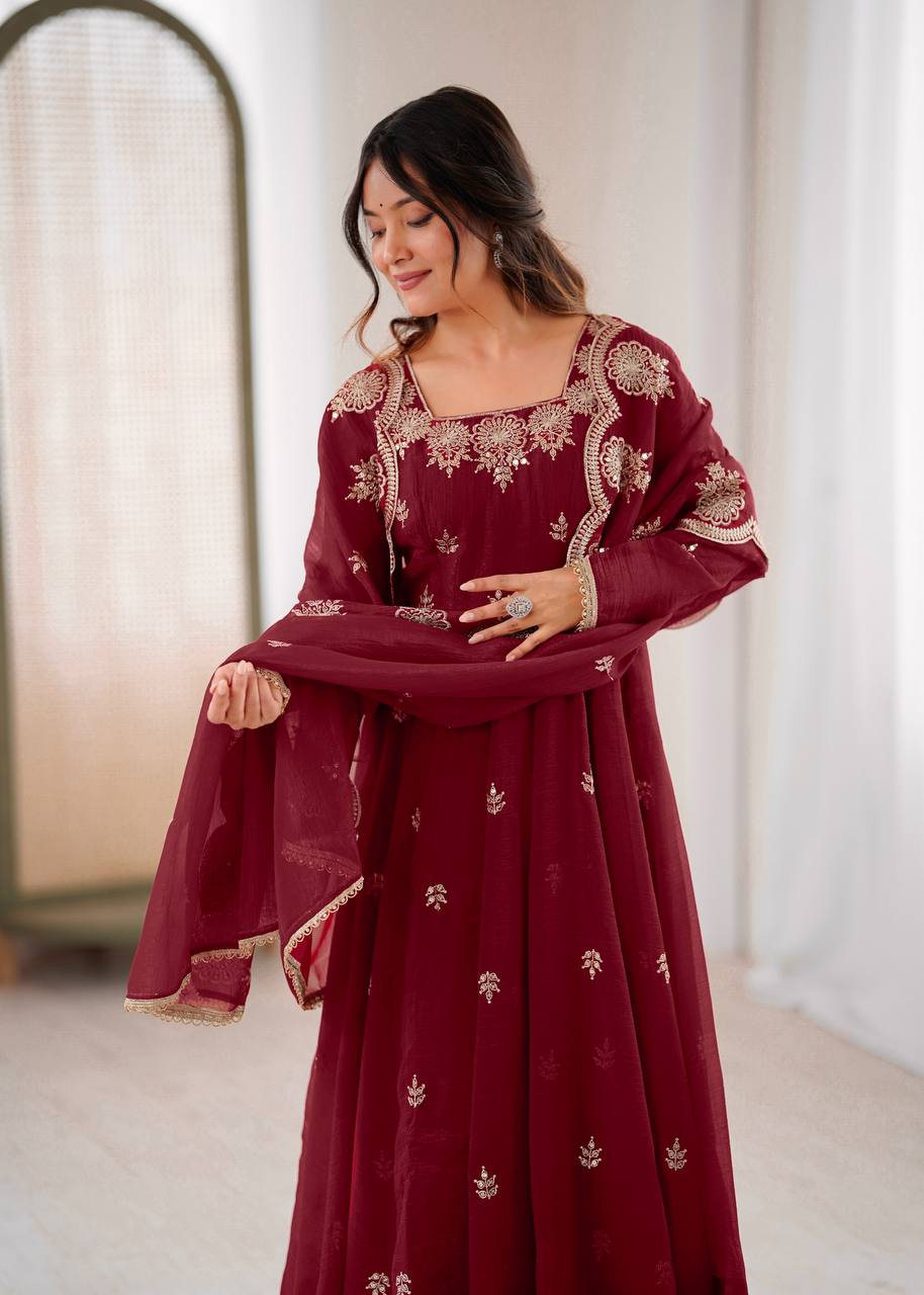 Beautiful Maroon Color Embroidery Work Gown