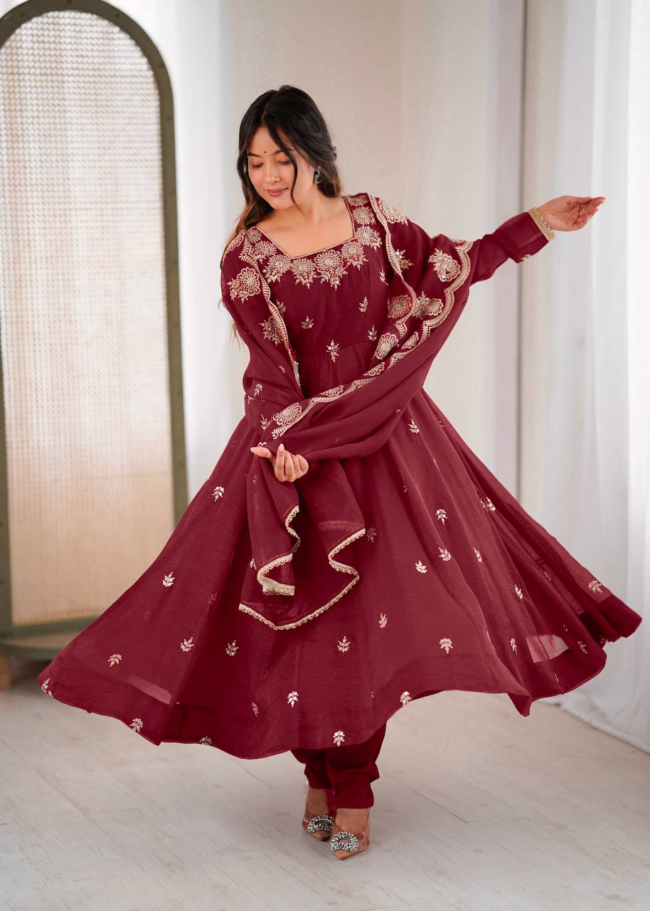 Beautiful Maroon Color Embroidery Work Gown