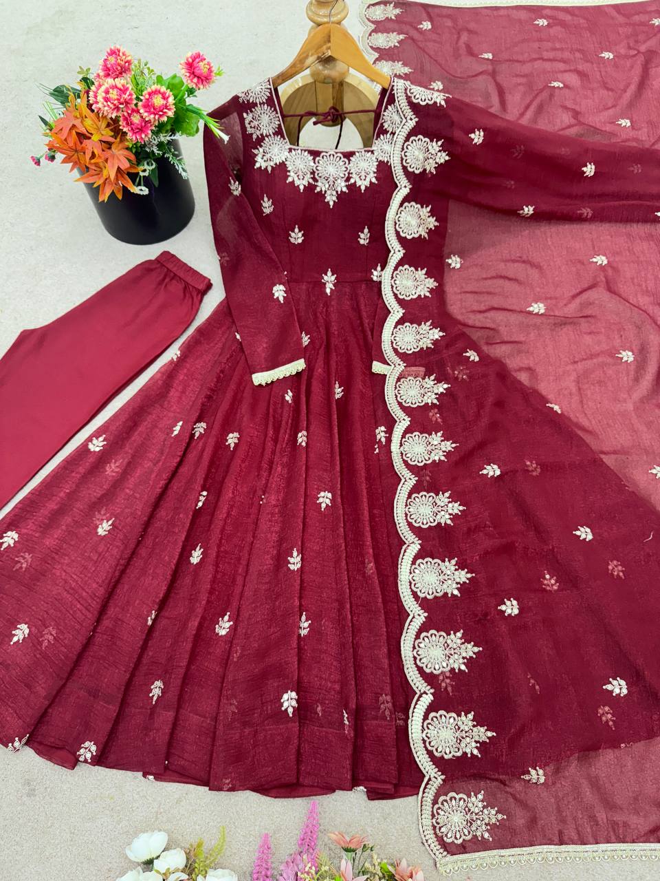 Beautiful Maroon Color Embroidery Work Gown