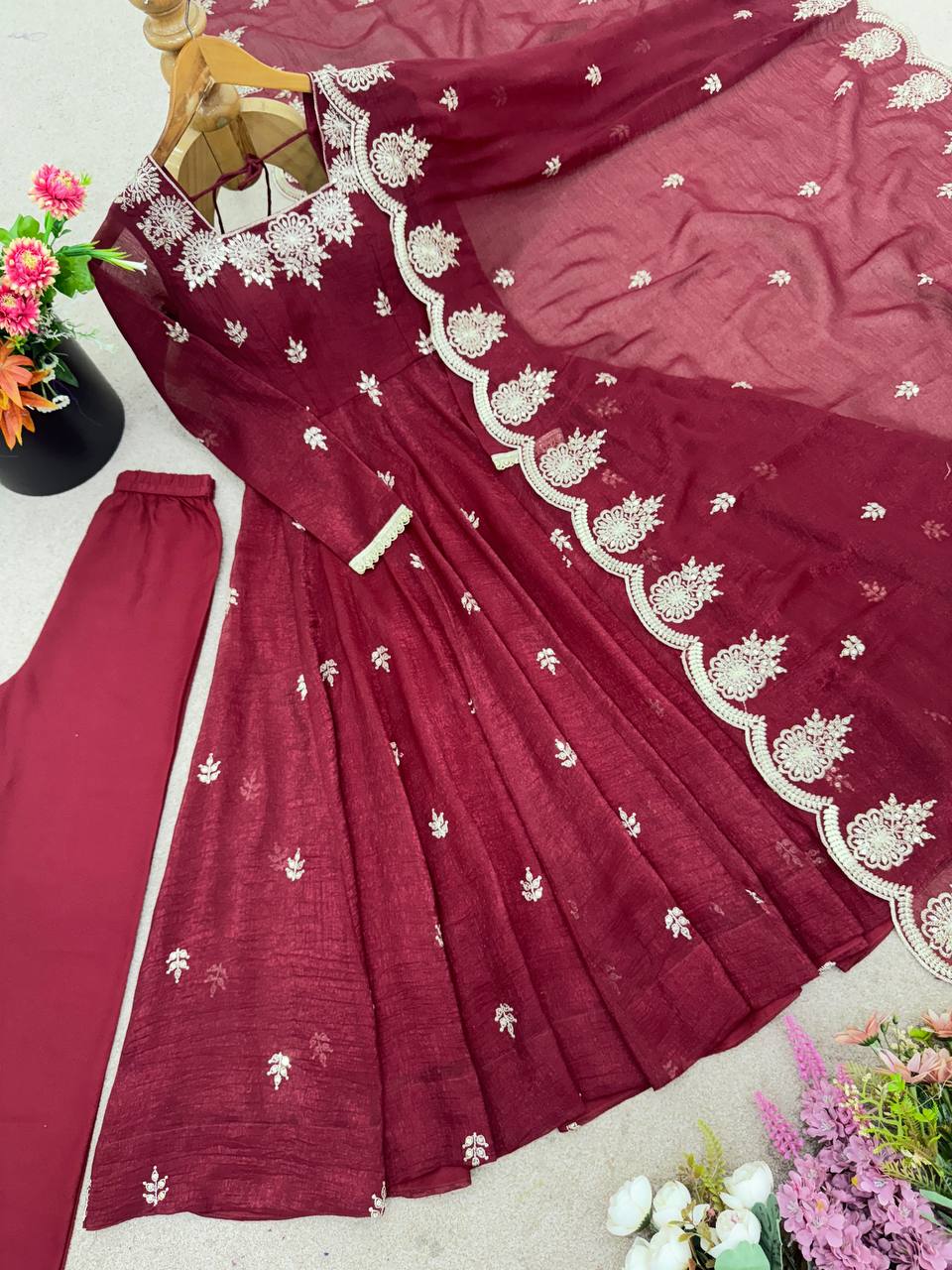 Beautiful Maroon Color Embroidery Work Gown