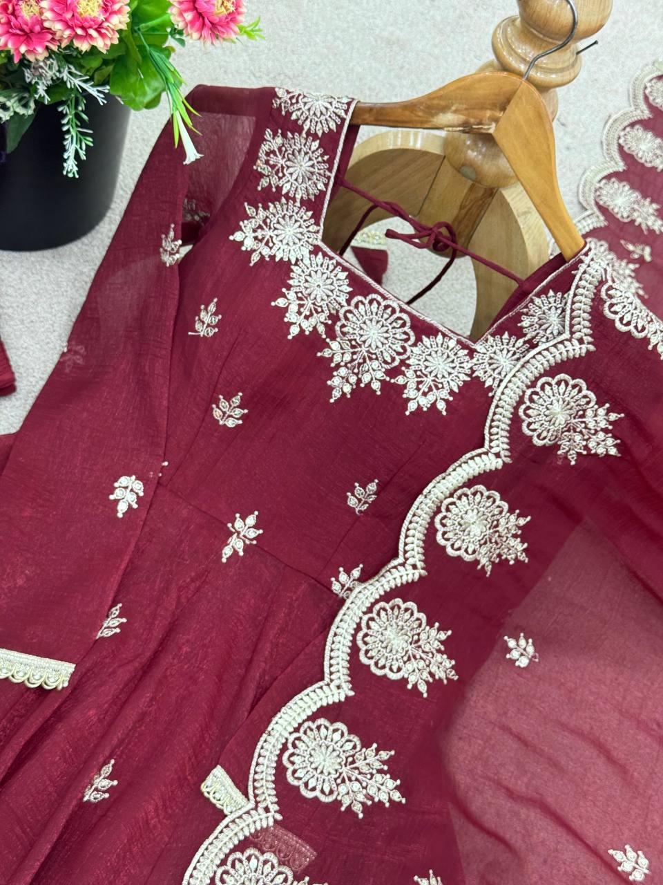 Beautiful Maroon Color Embroidery Work Gown