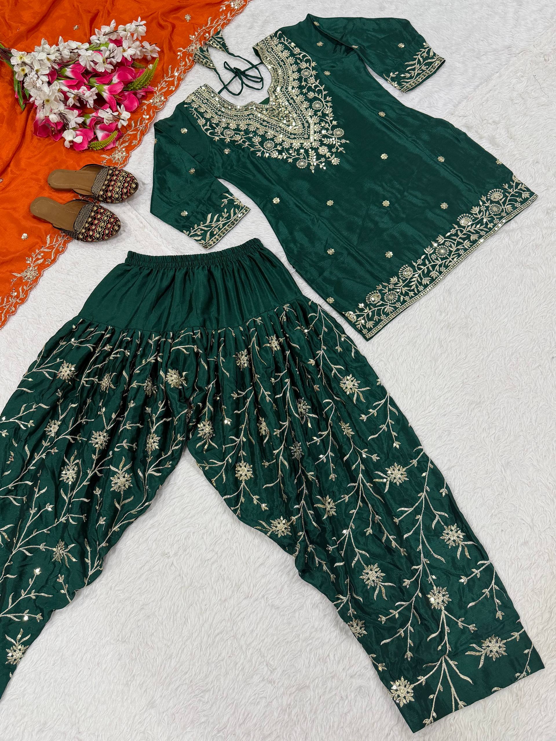 Stylish Green Chinon Silk Sequence Work Dhoti Suit