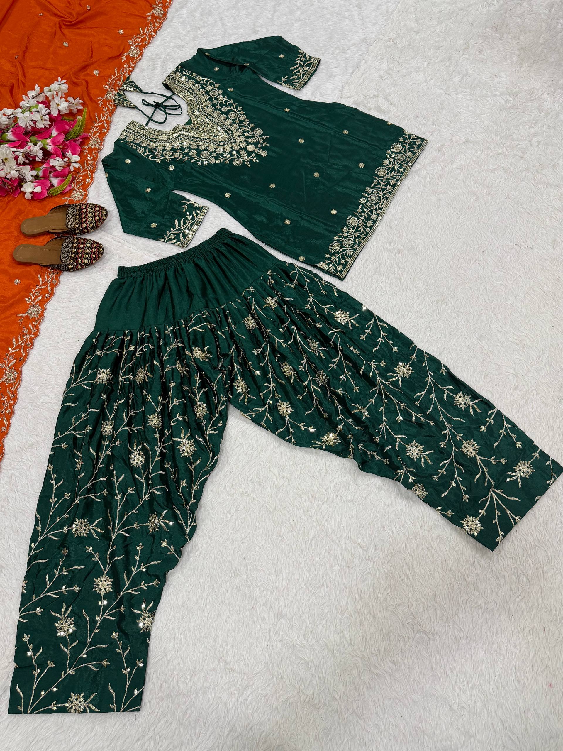 Stylish Green Chinon Silk Sequence Work Dhoti Suit